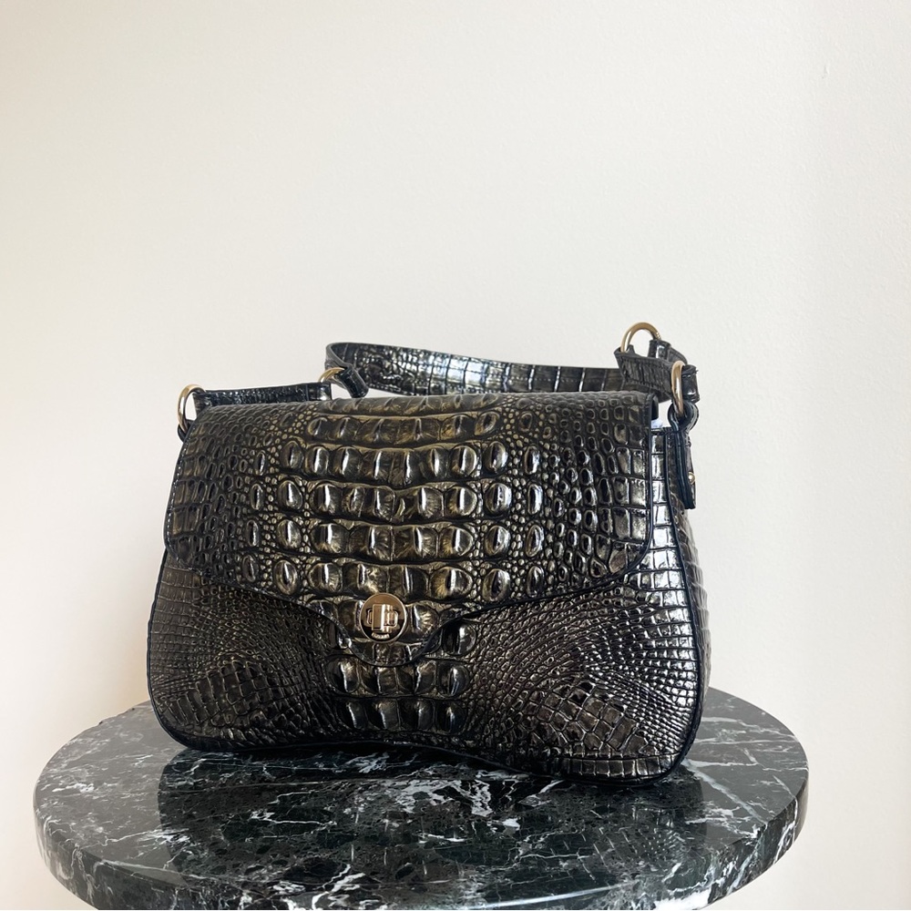 Elegant Black Crocodile-Embossed, Genuine Leather Brahmin Bag